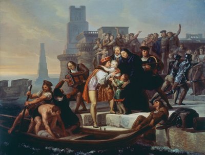 Christopher Columbus leaving port of Palos de la Frontera recommending his sons to Father Giovanni Perez (1492) بواسطة Pelagio Palagi