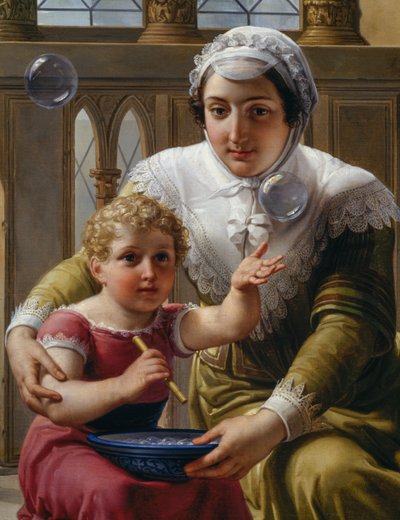Woman with child and soap bubbles, detail of Isaac Newton
