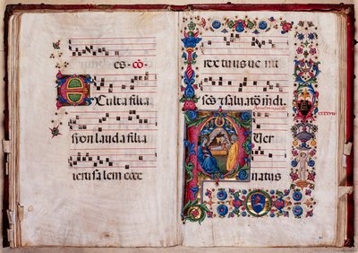 مكتبة Piccolomini: كتاب جوقة ، سمك القد. 102.8 ، صص. 47 ظ -48 و مع "الميلاد" ، بقلم بيليجرينو دي ماريانو. بواسطة Pellegrino di Mariano