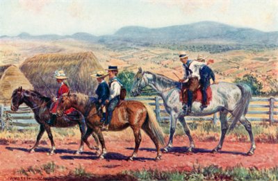 Australian children riding to school (colour litho) بواسطة بيرسي FS (بعد) سبنس