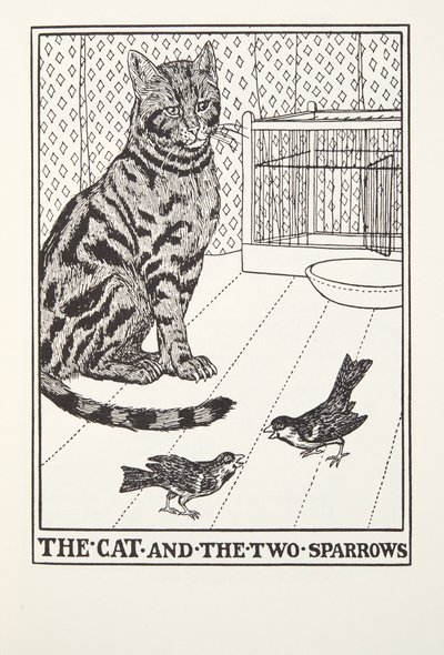 القط والعصفورين ، من Fontaine Fables ، حانة. 1905 بواسطة بيرسي جيه. بيلينجشيرست