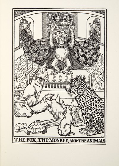الثعلب والقرد والحيوانات ، من Fontaine Fables ، حانة. 1905 بواسطة Percy J. Billingshurst