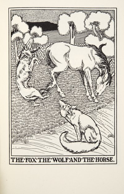 الثعلب ، الذئب والحصان ، من Fontaine Fables ، حانة. 1905 بواسطة Percy J. Billingshurst