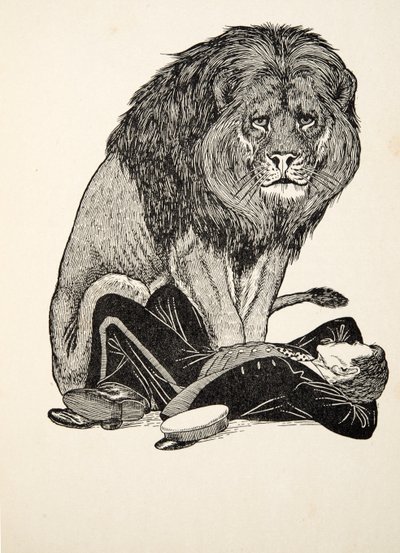 الأسد وحارسه ، من مائة حكاية من الحيوانات ، حانة. 1924 بواسطة بيرسي جيه. بيلينجشيرست