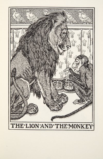 الأسد والقرد ، من Fontaine Fables ، حانة. 1905 بواسطة Percy J. Billingshurst