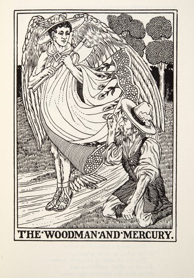 The Woodman and Mercury، from Fontaine Fables، pub. 1905 بواسطة بيرسي جيه. بيلينجشيرست