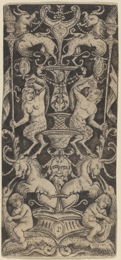لوحة من الزخرفة مع طفلين عاريين على الوحوش الوحشية بواسطة Peregrino da Cesena
