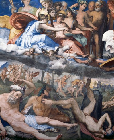 Fall of giants or Jupiter hurling thunderbolts at rebellious giants بواسطة Perino del Vaga