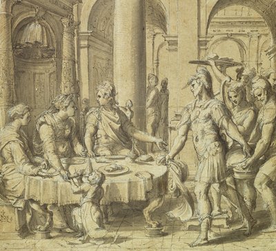 مأدبة Dido و Aeneas ، نموذج للنسيج في سلسلة قصة Aeneas ، c.1532 (قلم وحبر وغسل على الورق) بواسطة Perino del Vaga