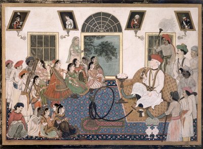 أوروبي ، على الأرجح السير ديفيد أوشتيرلوني (1758-1825) ، يرتدي الزي الهندي ، ويدخن النرجيلة ويشاهد نوتشًا في منزله في دلهي ، حوالي 1820 (حبر ولون على ورق) بواسطة المدرسة الفارسية