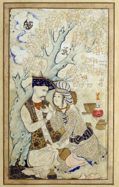 إسلام الفن: صورة للشاه عباس الأول تحتضن إحدى صفحاته. رسم فارسي عام 1672. قاتمة: 0،16 × 0،27 م. باريس ، متحف اللوفر بواسطة المدرسة الفارسية