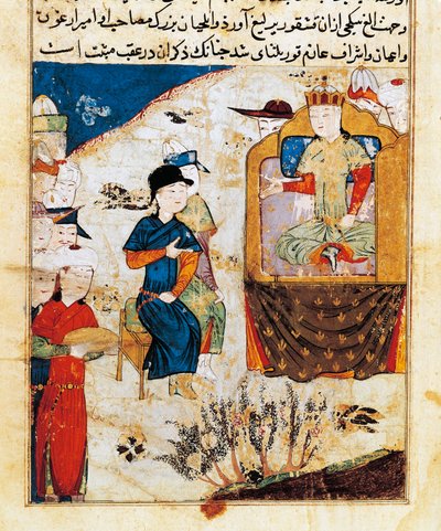 "" Audience of Mongka (أو Mongke أو Mangu Khan) (توفي عام 1259) "" صورة مصغرة لـ "Tarih-i djahangusha'i Djuvayni" "(ms supp persan 206 ، folio 101) 1438 بواسطة المدرسة الفارسية