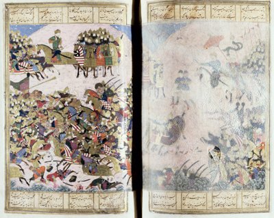 معركة بين Isfandiyar و Arjasp ، التوضيح من Shahnama (كتاب الملوك) ، من قبل أبو القاسم مانور فردوسي (c.934-c.1020) c.1440-45 (قلم وحبر ومرحاض على الرق) بواسطة المدرسة الفارسية