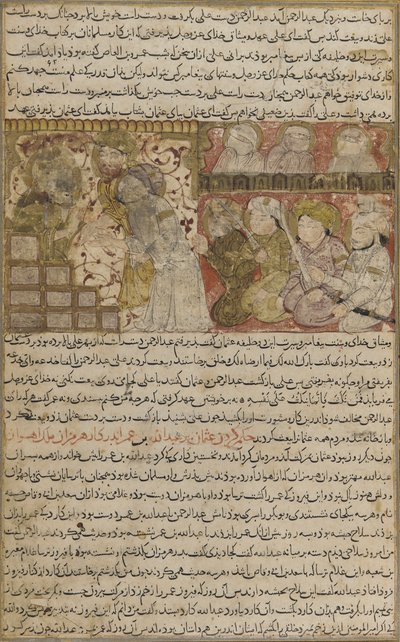 الورقة من Tarikhnama (كتاب التاريخ) للبلامي: انتخاب عثمان لخلافة المدينة المنورة ، ج 1300 (ألوان مائية مبهمة وحبر وذهب على ورق) بواسطة المدرسة الفارسية