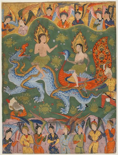 الورقة من كتاب Falnama (كتاب الطوالع) ؛ على الوجه الآخر: طرد آدم وحواء ، قزوين ، إيران ، الفترة الصفوية ، منتصف 1550 (ألوان مائية مبهمة ، حبر وذهب على ورق) بواسطة المدرسة الفارسية