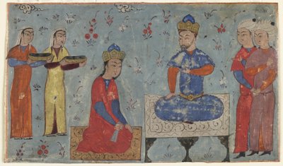 فوليو من شاهناما (كتاب الملوك) للفردوسي (ت ١٠٢٠) ؛ المستقيم: Sindukht قبل سام ، إيران (ألوان مائية مبهمة ، حبر وذهب على ورق) بواسطة المدرسة الفارسية