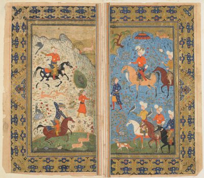 فوليو من شاهناما (كتاب الملوك) للفردوسي ؛ هانت ملكي ، إيران ، c.1590-1600 (ألوان مائية مبهمة ، حبر وذهب على ورق) بواسطة المدرسة الفارسية