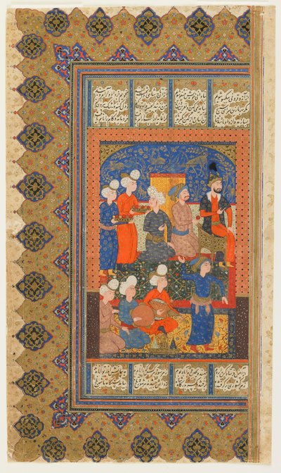 فوليو من شاهناما (كتاب الملوك) للفردوسي ؛ المستقيم: Luhrasp Enthroned ، إيران ، c.1590-1600 (ألوان مائية مبهمة ، حبر وذهب على ورق) بواسطة المدرسة الفارسية