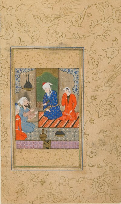 ورقة من يوسف وزليخة بواسطة جامي (ت. 1492) ؛ زليخة ورجل مسن يستمعان إلى محادثة ، ربما مشهد ، إيران ، c.1560-70 (ألوان مائية مبهمة وحبر وذهب على ورق) بواسطة المدرسة الفارسية