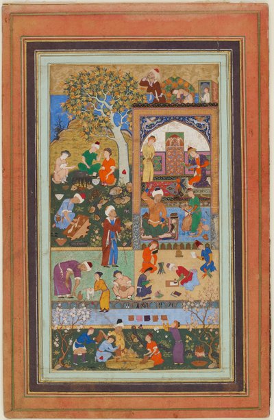 فوليو من ألبوم ؛ مشهد مدرسي ، تبريز ، إيران ، الفترة الصفوية ، حوالي 1540 (ألوان مائية مبهمة ، حبر وذهب على ورق) بواسطة المدرسة الفارسية