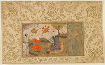 الورقة من نص مجهول ؛ امرأة تتحدث مع رجل جالس من تيار ، إيران ، c.1500 (ألوان مائية مبهمة وحبر وذهب على ورق) بواسطة المدرسة الفارسية