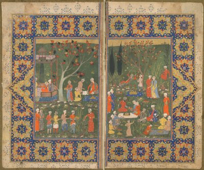 الورقة من نص مجهول ؛ بالعكس: حفلة في حديقة ، شيراز ، إيران ، c.1570 (ألوان مائية مبهمة ، حبر وذهب على ورق) بواسطة المدرسة الفارسية