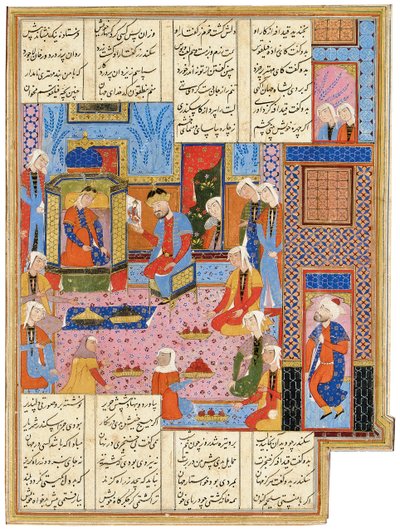 رسم توضيحي من صفوية شاهناما: ألكسندر ، في تمويه مبعوث ، معترف بها من قبل الملكة نوشابا ، شيراز ، إيران ، 1650-1700 بواسطة المدرسة الفارسية