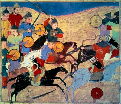 تسرب نوقاي (كارا نوجاي خان (نوغاي ، نوكاي ، نوخاي ، نوجاي ، الحفيد الأكبر لجنكيز خان ، توفي عام 1299). فرسان منغوليون. مخطوطة فارسية مرسوم عليها "" مجموع القصص (جامع التفاريخ) " (الورقة ١٥٥ ظ) بقلم رشيد الدين فضل بواسطة المدرسة الفارسية