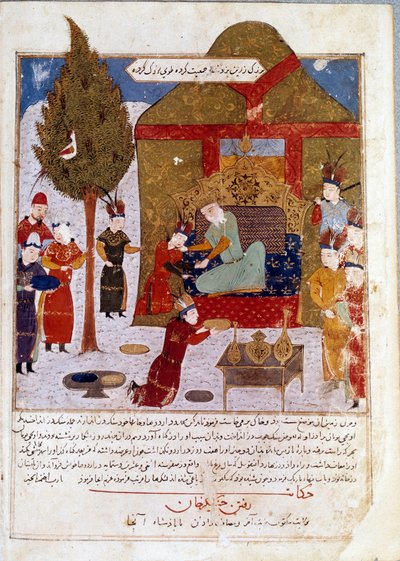 الإمبراطور المنغولي جنكيز خان (1167-1227) على عرشه في معسكر بالقرب من إلميل مع حفيده كويبالاي وهول جو منمنمة فارسية مأخوذة من جامع الطوارخ (تاريخ الإمبراطورية المنغولية) لرشيد الدين ( الدين) (ب 1247 - 1318) بواسطة المدرسة الفارسية
