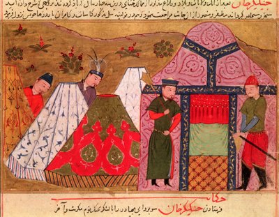 السيدة سوبر .113. فل. 66v معسكر جنكيز خان (c.1162-1227) من كتاب رشيد الدين (1247-1318) بواسطة المدرسة الفارسية