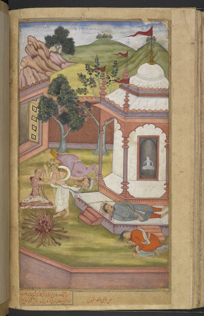 Or.12076 f.90v Candrahasa وهو يضحى بنفسه في معبد Candrahasa بقطع قطع من لحمه ووضعها على النار (قابيل بن مقبول) من 