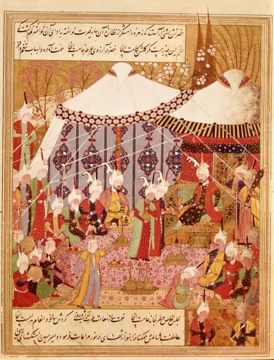 Or 1359 فل. 35 ضد السلطان بايزيد الذي استولى عليه تيمور ، 1402 من زافارناما 1533 (حبر على الرق) بواسطة المدرسة الفارسية