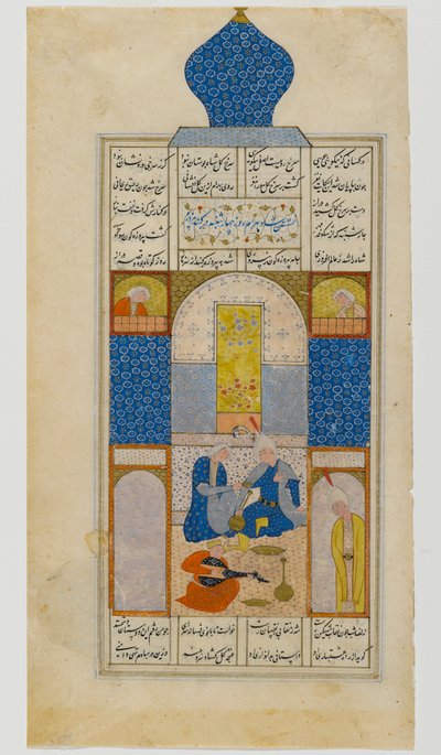 صفحة من هافت بيكار (سبع صور) ، من مخطوطة خامسة نظامي: بهرام جور يزور قبة بيروزا يوم الأربعاء (حبر ، مرحاض غير شفاف وذهب على ورق مصقول) بواسطة المدرسة الفارسية