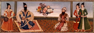الملك الفارسي فتح علي شاه (1771-1834) يحيط بأعضاء بلاطه لوحة لمدرسة شيراز (شيراز) (القرن التاسع عشر) طهران ، مجموعة فروغي بواسطة المدرسة الفارسية