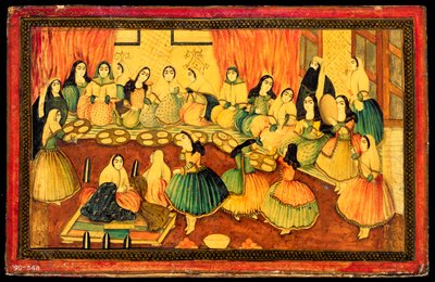 الحزب الاجتماعي للسيدات الفارسيات ، نصف غلاف الكتاب ، إيران ، القرن التاسع عشر (عجينة ورق ملونة بالذهب والحبر) بواسطة Persian School