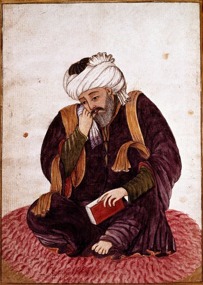 صورة لحافظ باسمه الحقيقي خواجة شمس الدين محمد حافظ الشيرازي (الدين محمد حافظ الشيرازي) شاعر وصوفي فارسي من القرن الرابع عشر. مصغر. المتحف الوطني بدمشق ، سوريا. بواسطة المدرسة الفارسية