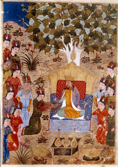 تمثيل شاغتاي خان (1227-1242) على عرشه ، وهو ابن جنكيز خان على ظهور الخيل. منمنمة فارسية مأخوذة من جامع الطوارخ أو "التاريخ العالمي" للمؤرخ رشيد الدين (الدين) (1247-1318) حوالي عام 1430. بواسطة المدرسة الفارسية