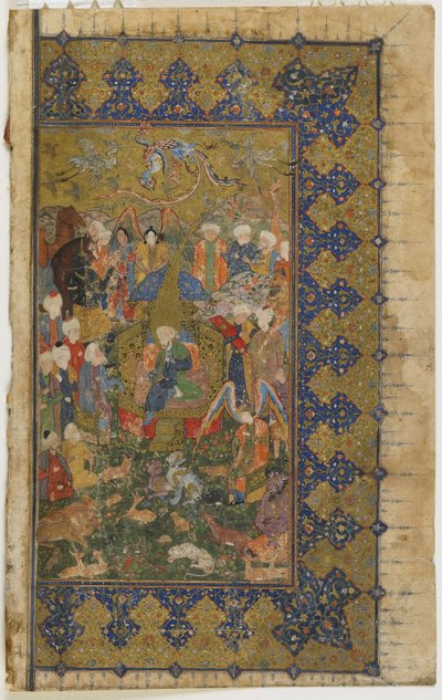 توج سليمان على العرش من الخامسة (الخماسية) ، حوالي 1560 (ألوان مائية غير شفافة وحبر وذهب على ورق) بواسطة المدرسة الفارسية