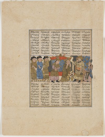 اتهام سودابا ضد سيافوش ، من شاهناما (كتاب الملوك) للفردوسي (ت ١٠٢٠) (ألوان مائية مبهمة ، حبر ، ذهب وفضة على ورق) بواسطة Persian School