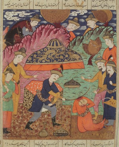 قطع رأس نزور ، رسم إيضاحي من الشاهنامه (كتاب الملوك) لأبي القاسم منصور الفردوسي (934 - 1020) 1619 (جواش على ورق) بواسطة المدرسة الفارسية