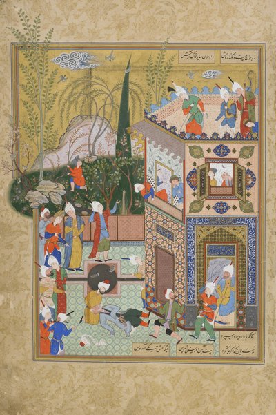 طرقت Fickle Old Lover من على السطح ، الورقة من Haft awrang (سبعة عروش) من قبل Jami (المتوفى 1492) ربما مشهد ، خراسان ، إيران ، سلالة صفوية ، 1556-1565 (حبر ، ألوان مائية مبهمة وذهبية بواسطة المدرسة الفارسية