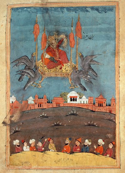 السجادة الطائرة من قصيدة "ليلى ومجنون" لنزامي (غواش على ورق) بواسطة المدرسة الفارسية