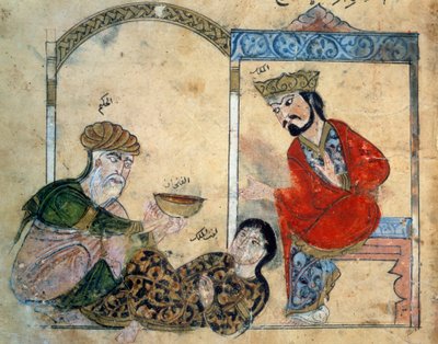 الطبيب الجاهل وابنة الملك. منمنمة من "" كليلة ودمنة (كليلة ودمنة) "(الورقة 78) ، حكاية شرقية 1200-1220؟ . ترجمه ابن المقفع. BN ، باريس بواسطة المدرسة الفارسية