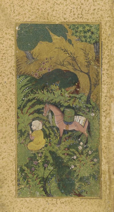 انتظار العريس مع الحصان في بستان مشجر ، ربما تبريز ، سلالة تركمانية ، c.1500 (ألوان مائية مبهمة وذهب على ورق) بواسطة المدرسة الفارسية