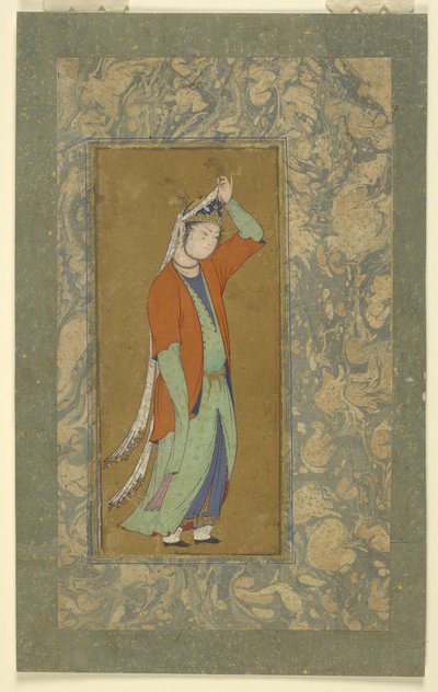 امرأة تعدل حجرتها ، 1590 ج بواسطة المدرسة الفارسية