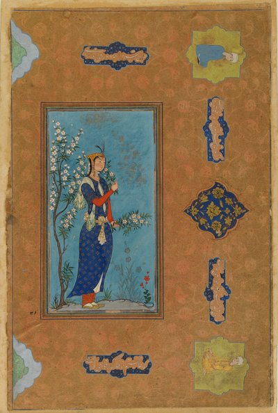 امرأة مع رذاذ من الزهور ، الفترة الصفوية ، ج .1575 (مرحاض وذهب على ورق) بواسطة المدرسة الفارسية