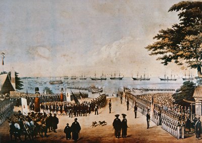 Commodore Perry lands in Japan to meet the Imperial Commissioners at Yokohama, 8th March 1854 بواسطة بيتر برنهارد فيلهلم هاينه