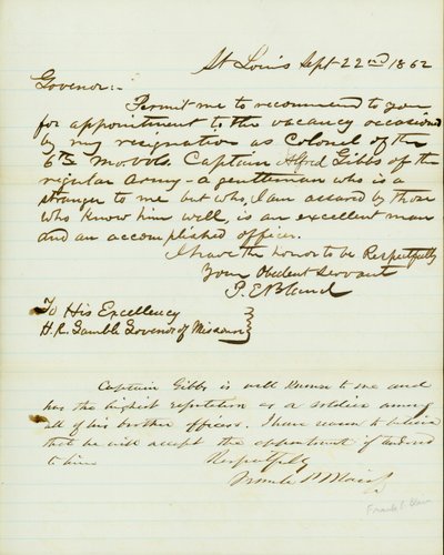 وقعت الرسالة على بي بلاند ، سانت لويس ، إلى إتش آر جامبل ، حاكم ميسوري ، 22 سبتمبر 1862 بواسطة بيتر إي بلاند