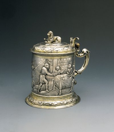 تانكارد ، الجسد يسترد ويطارد مع يعقوب يتصارع مع الملاك ، وإبراهيم وسارة يقدمان الضيافة للثالوث ، دانزج ، حوالي 1690 (طرد فضي مذهب) بواسطة بيتر الثالث روهدي