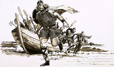 أحضر الملك فورتيجرن زعيمين بربريين - Hengest و Horsa - إلى بريطانيا (جواش على ورق) بواسطة بيتر جاكسون